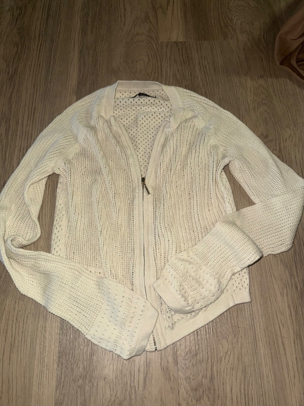Boho Coastal Knit Zip Cardigan Open Weave Cottagecore Cream Sweater